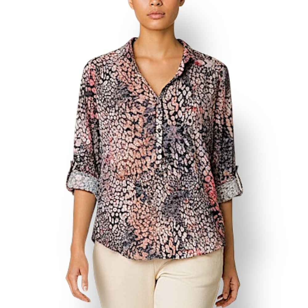 4/$20 Wallis Petite Abstract Print Blouse Sheer Button Front Top Small